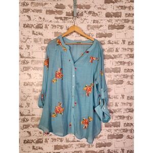 Figueroa & Flower Top Size 2X Blue Gauzey Floral Embroidered‎ Boho Peasant Shirt